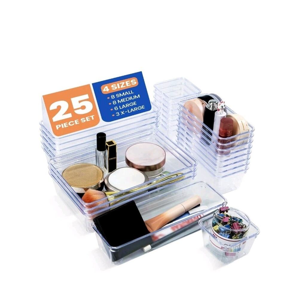25 PCS Clear Plastic Drawer Organizer Set 4 Different Sizes Suitable for Drawers
